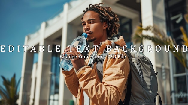 PSD young man drinking water outdoors with a backpack