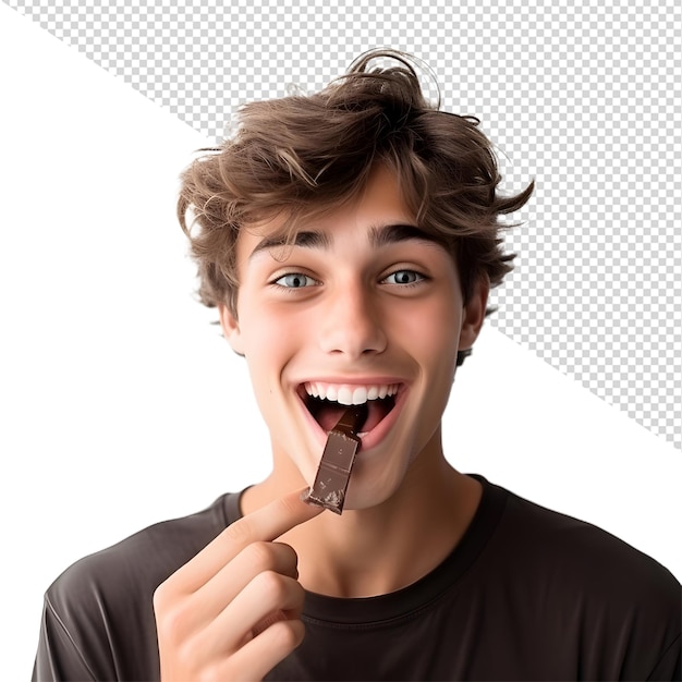 a young man eating a chocolate bar with a white background with a white background