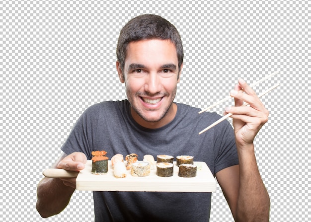 PSD young man eating sushi