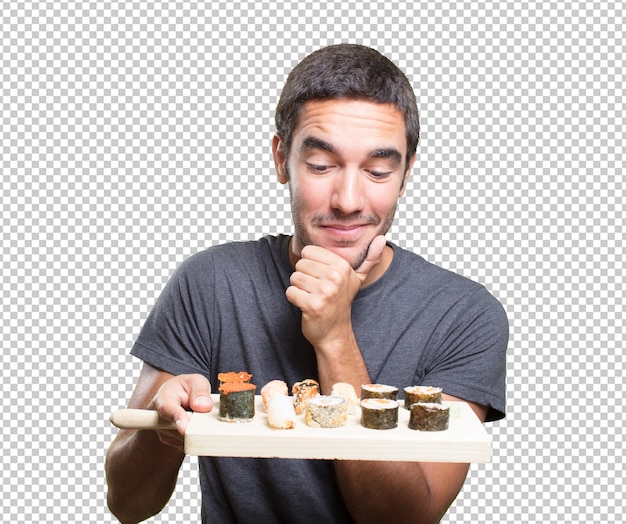 PSD young man eating sushi