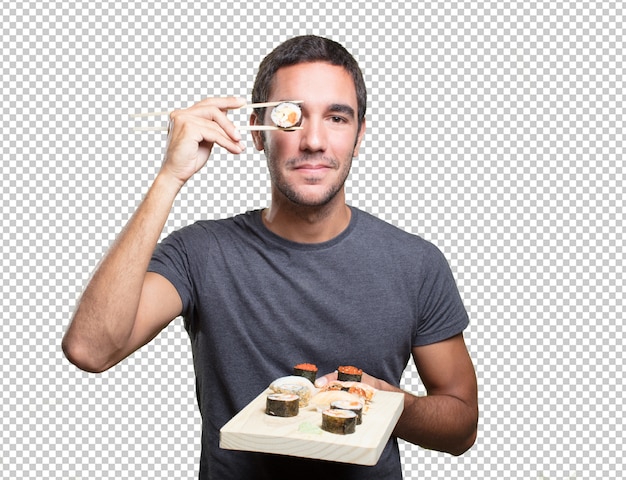 PSD young man eating sushi