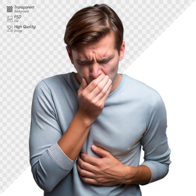 Young man feeling nauseous with hand on stomach and covering mouth on a transparent background