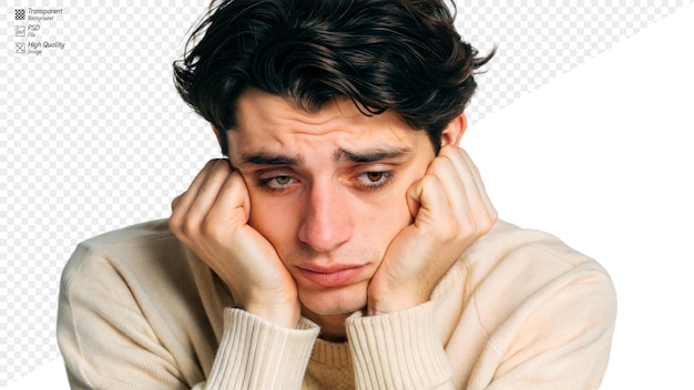 Young man feeling sad and depressed looking down in contemplation on transparent background