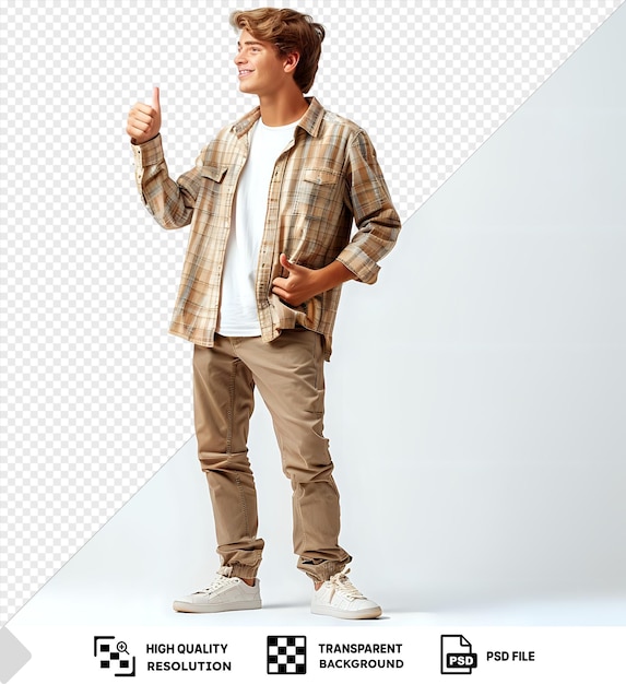 PSD young man giving thumbs up in plaid shirt standing on isolated background