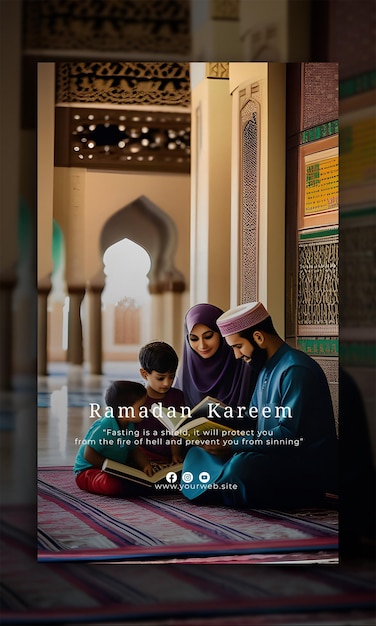 young man his wife and 2 children in mosque dakwah reading book some people