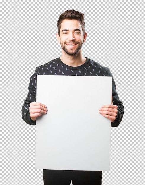 Young man holding a banner