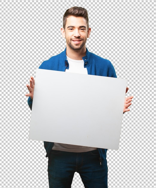 Young man holding a banner