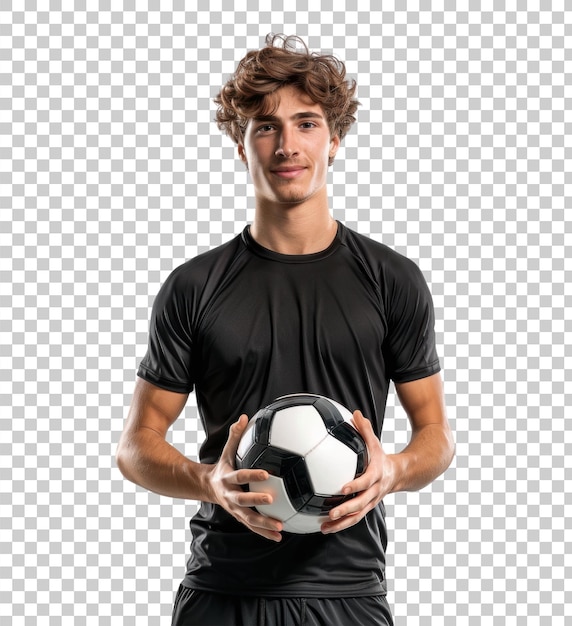 PSD young man holding a soccer ball isolated on transparent background