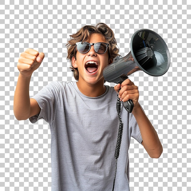 A young man is holding a microphone and yelling into it