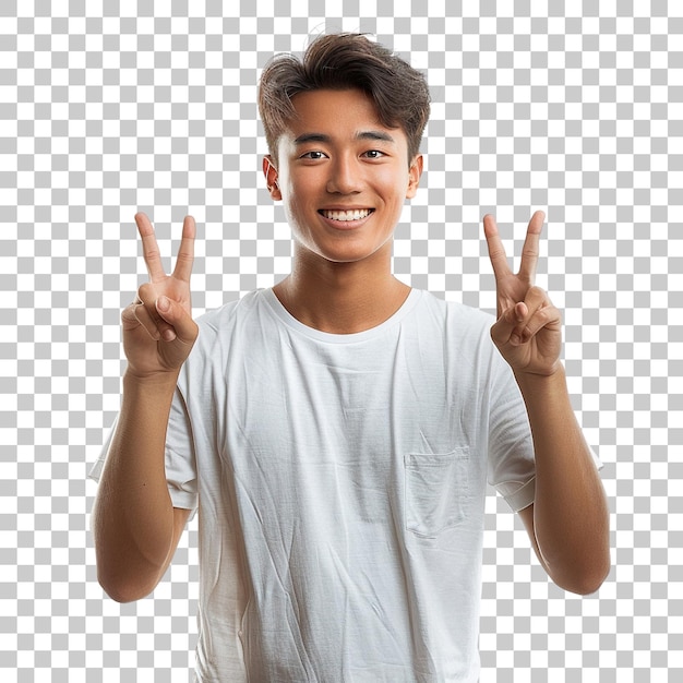 A young man is smiling and holding up his hands in a peace sign