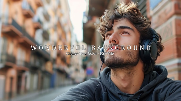 Young Man Listening to Music in City