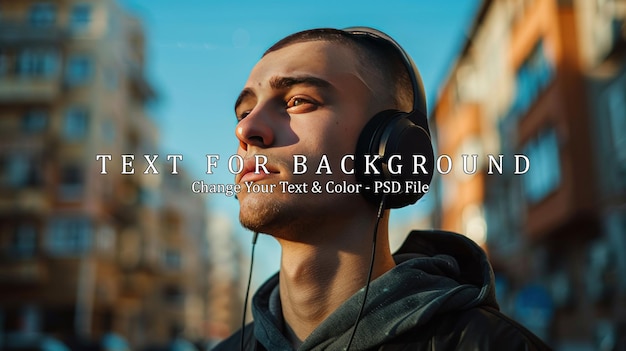 PSD young man listening to music with headphones in urban setting