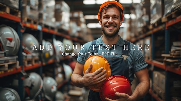 young man in overalls showing red and orange construction helmets to camera