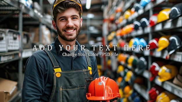 young man in overalls showing red and orange construction helmets to camera