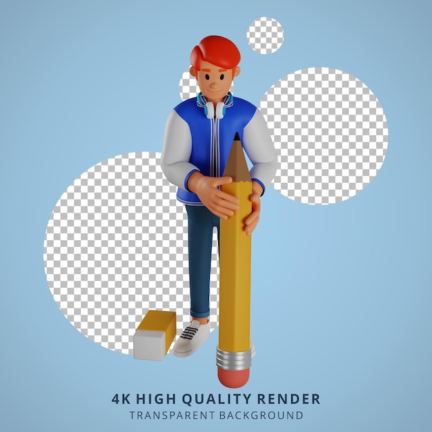 Young man red haired holding a giant pencil 3d character illustration