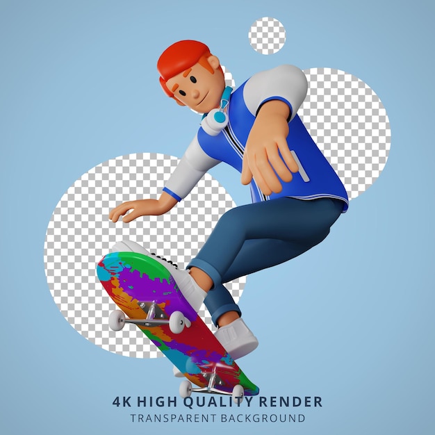 PSD young man red haired skateboarding 3d character illustration