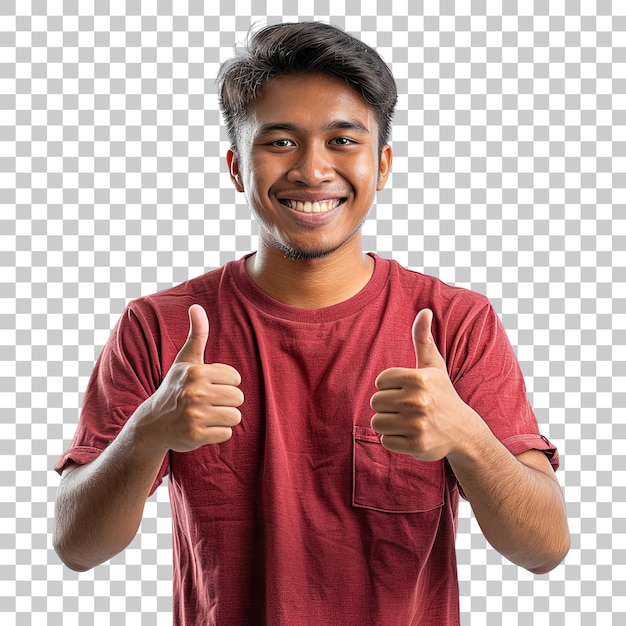 A young man in a red shirt is giving a thumbs up