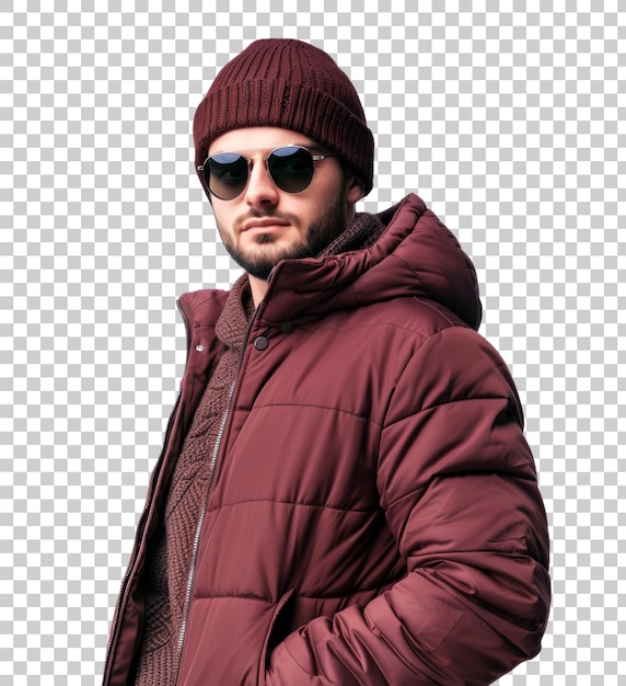 PSD young man in red winter jacket with sunglasses isolated on transparent background