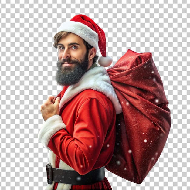 a young man in a Santa suit with a beard a bag of gift