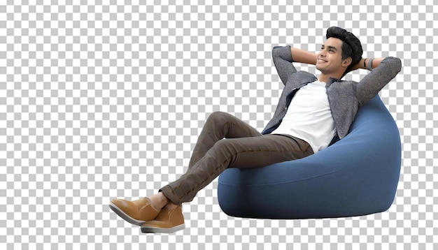 Young man sitting in beanbag chair and relaxing isolated on transparent background