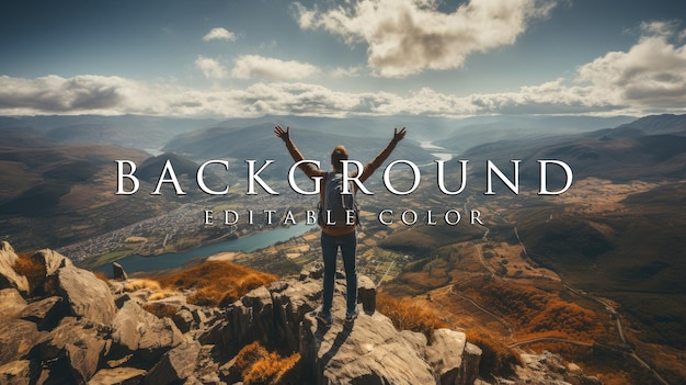 Young man standing on a to celebrates reaching the top of the mountain