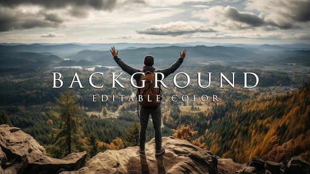 Young man standing on a to celebrates reaching the top of the mountain