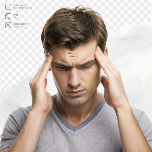 PSD a young man standing indoors holding his head and appearing to experience discomfort or a headache