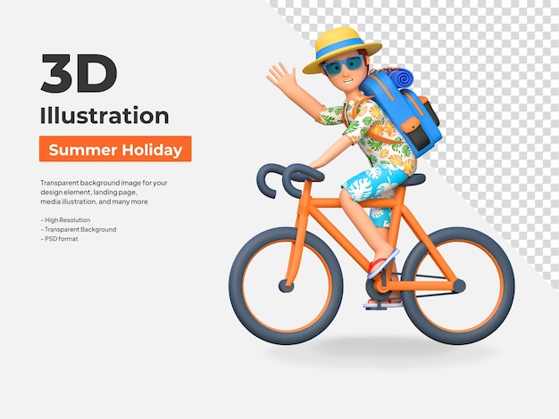 Young man traveler riding bicycle in summer holiday 3D cartoon character illustration