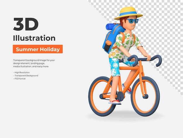 Young man traveler riding bicycle in summer holiday 3D cartoon character illustration