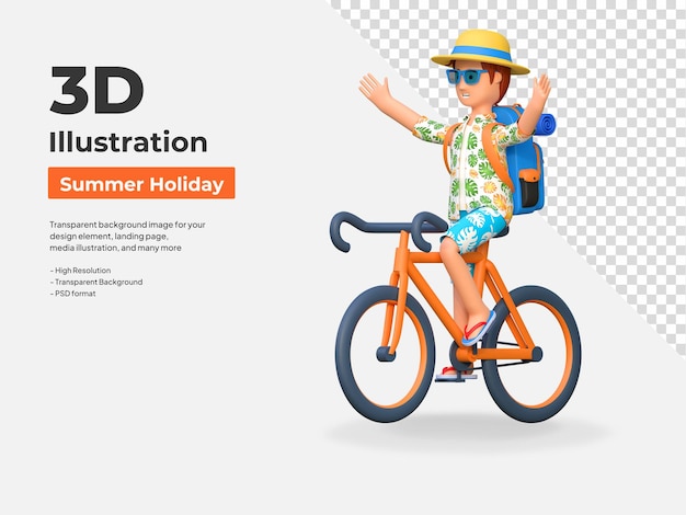 Young man traveler riding bicycle in summer holiday 3D cartoon character illustration