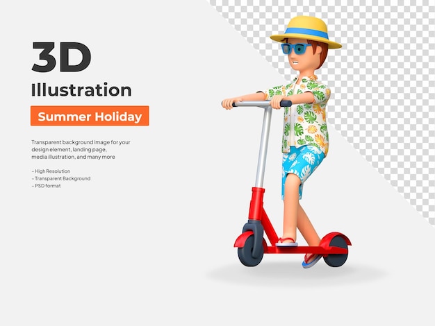 Young man traveler riding scooter bike in summer holiday 3D cartoon character illustration