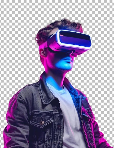 Young man using virtual reality headset isolated on transparent background future tech concept