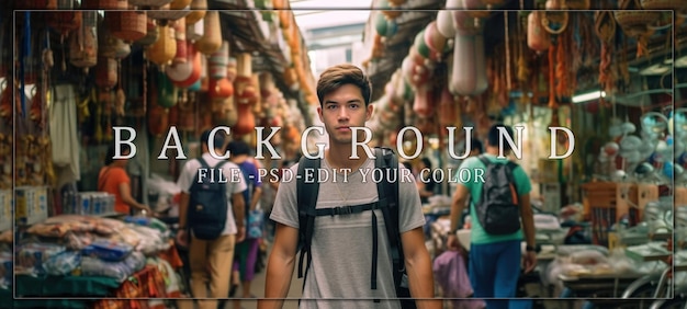 Young Man Walking Through a Busy Market