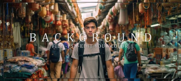 PSD young man walking through a busy market