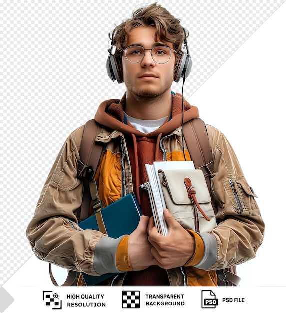 Young Man Wearing Headphones and Holding Books Against an Isolated Background