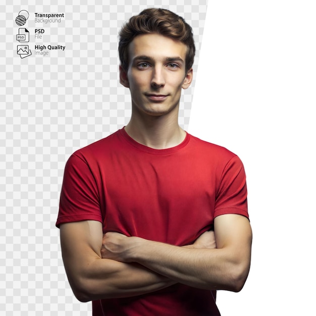 PSD young man wearing red tshirt with arms crossed