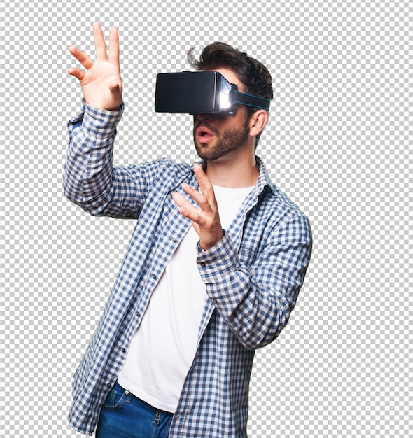 Young man wearing virtual reality glasses