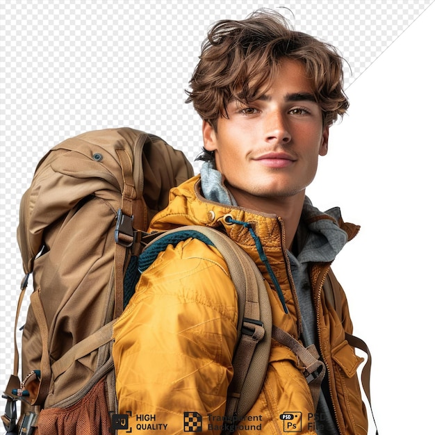 a a young man with a backpack going hiking featuring brown hair a large nose and brown eyes png