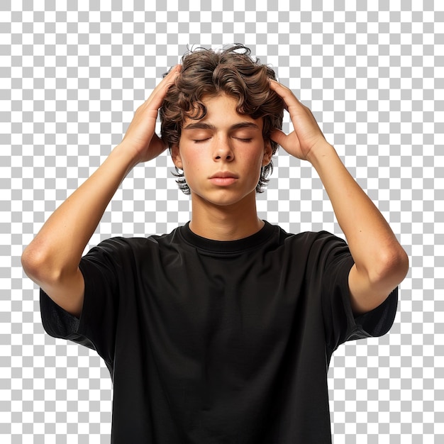 PSD a young man with curly hair is wearing a black shirt and is holding his head