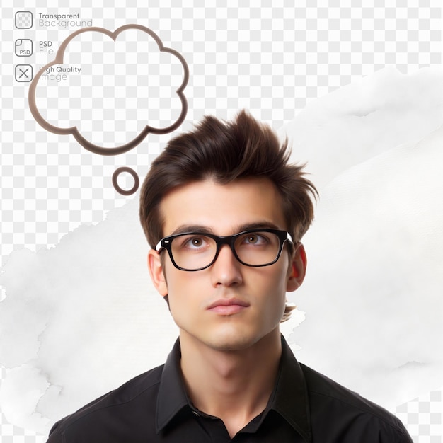 PSD young man with glasses looking up thinking against transparent background