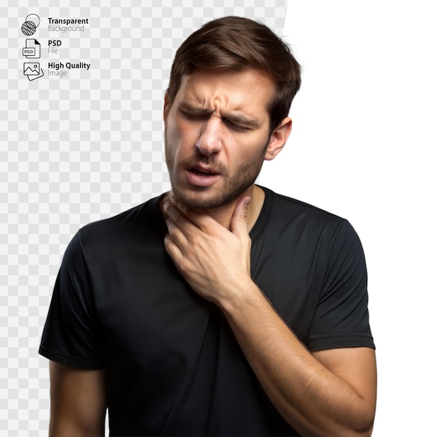 PSD young man with short brown hair grasping his throat in pain