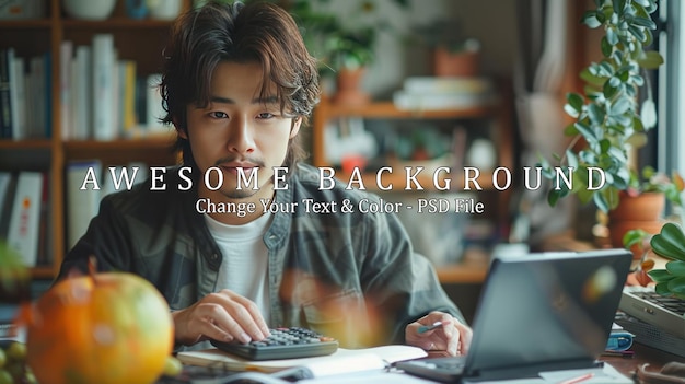 PSD young man working at home with a laptop and calculator