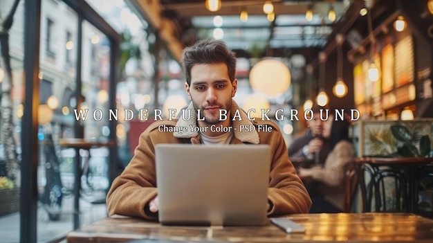 PSD young man working on laptop in a cozy cafe