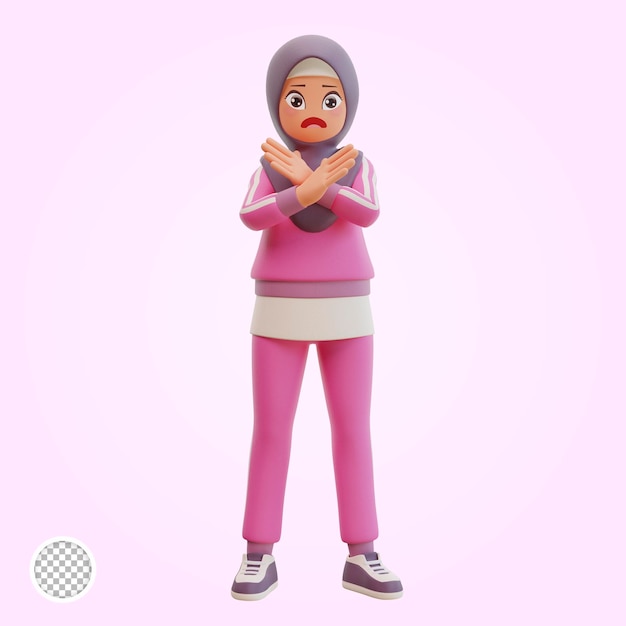 Young muslim woman sporty Cross hands no gesture 3d cartoon illustration