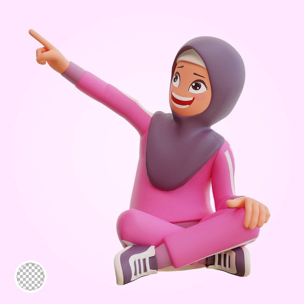 Young muslim woman sporty pointing up 3d cartoon illustration