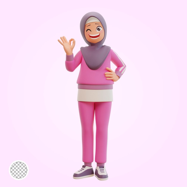 Young muslim woman sporty  show hand with ok symbol 3d cartoon illustration