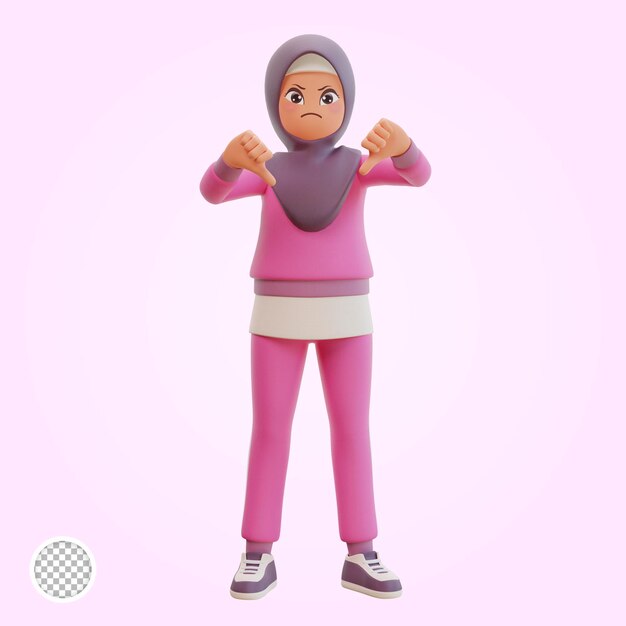 Young muslim woman sporty showing thumbs down to express dislike disappointed 3d cartoon illustratio