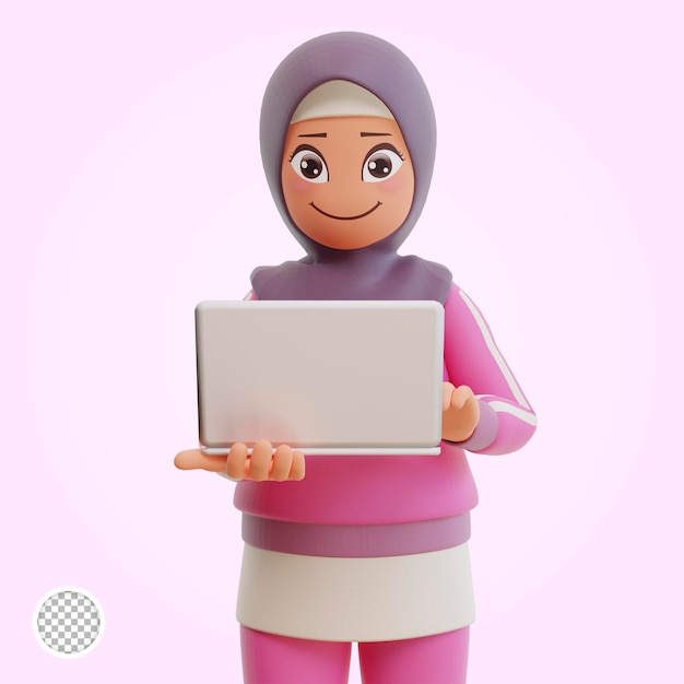 Young muslim woman sporty smiling posing happy 3d cartoon illustration