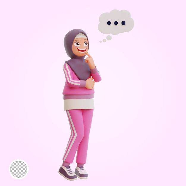 Young muslim woman sporty thinking about something 3d cartoon illustration