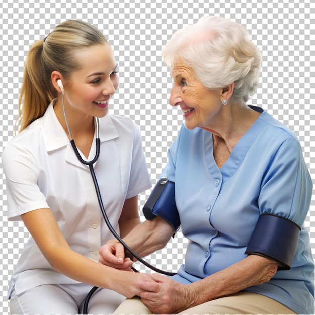 PSD young nurse measuring senior woman s blood pressure transparent background